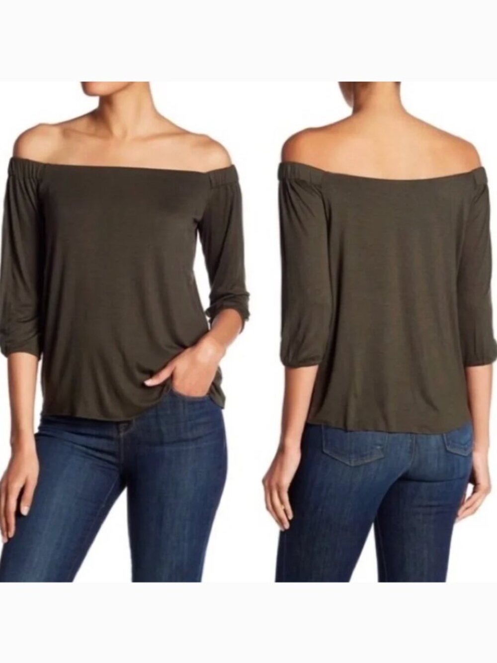 BAILEY 44 ANTHROPOLOGIE ANTHRO Off the Shoulder 3/4 Sleeve Shirt Olive Green Top